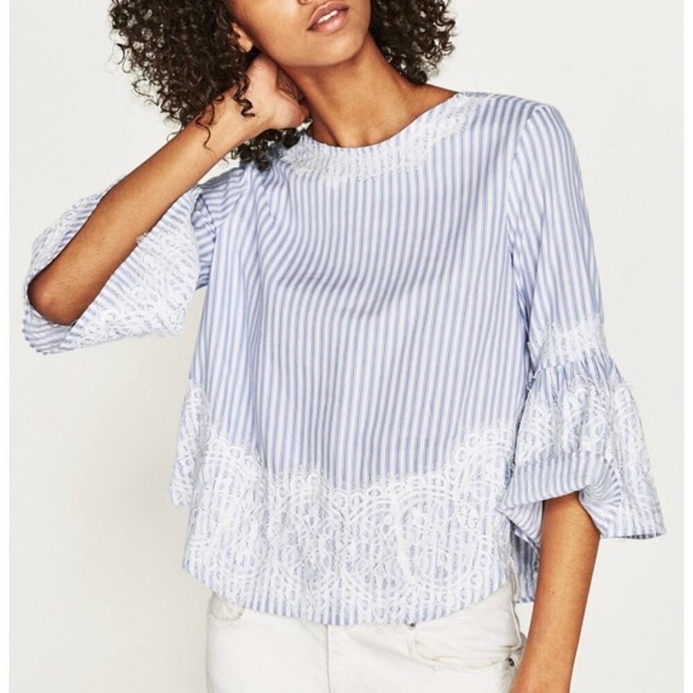 Zara Lace Bell Sleeve Blouse Blue White Sz M Bow Ruffle Feminine Romantic